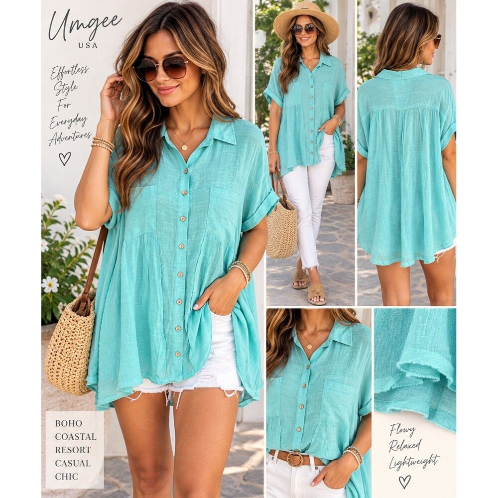 Umgee Women S Aqua Button Front Babydoll Tunic Top Oversized Boho Coastal Cute